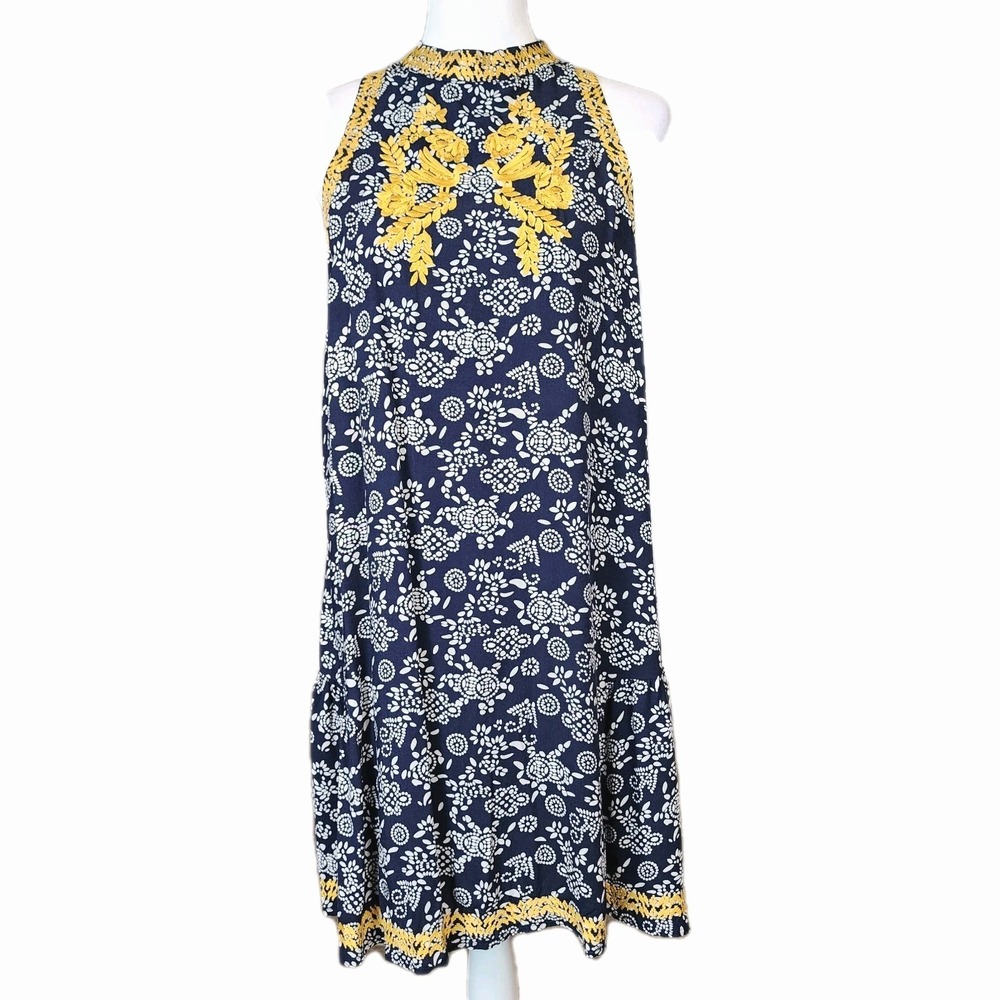 THML Embroidered Halter Dress Womens Large Navy Yellow Rayon Short Lined Boho